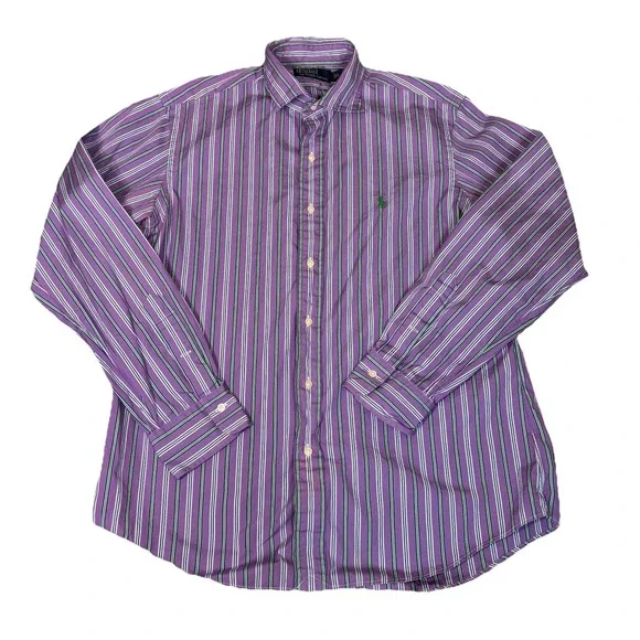 Polo Ralph Lauren Shirt Mens Size Large Purple Green Striped Green Logo Preppy - Picture 2 of 8